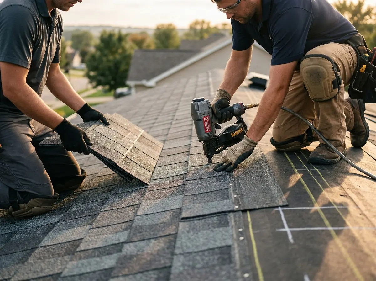 Professional roofer working on a residential roof in East Goshen